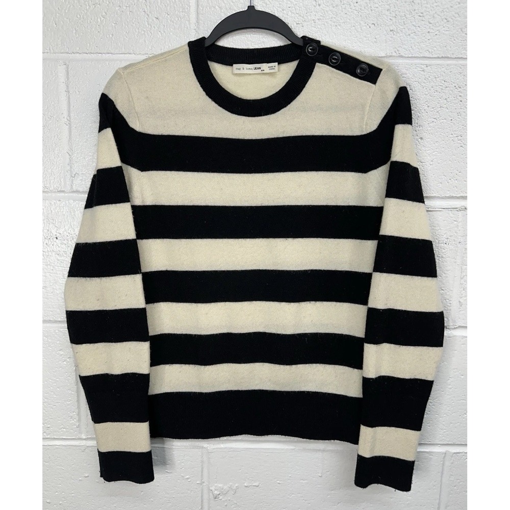 Rag & Bone Cream & Black Striped Snap Neck Wool Cashmere Sweater Women's Medium‎